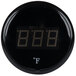 A black circular thermometer with digital numbers.