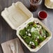 A salad in a Tellus bagasse clamshell container with a fork.