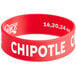 A red silicone wristband with white "Chipotle" text.