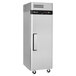 A large stainless steel Turbo Air reach-in refrigerator on wheels.