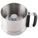 A silver stainless steel Robot Coupe cutter bowl with a handle and a lid.