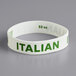 A white silicone band with "Italian" in green text.
