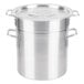 A large silver aluminum pot with handles and a lid.
