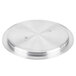 A silver circular metal lid with a white background.
