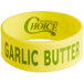 A yellow silicone label band with green text reading "Garlic Butter"