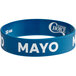 A blue silicone wristband with white text that reads "Mayo"