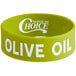 A green rubber wristband with white text that says "Choice Olive Oil"