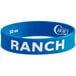 A blue rubber wristband with white text that says "Ranch"