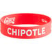 A red silicone wristband with white text that says "Chipotle"