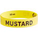 A yellow silicone band with black text that says "Mustard"