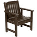 A weathered acorn brown faux wood chair with armrests.