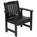 A black Sequoia outdoor arm chair with faux wooden armrests.