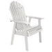 A white faux wood adirondack dining chair with armrests.