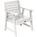 A white faux wood outdoor arm chair with armrests.