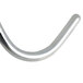 A silver hook with a curved end on a white background.