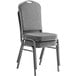 A Lancaster Table & Seating gray fabric stackable banquet chair with a silver vein frame and crown back.
