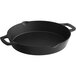 A black cast iron pan with two handles.