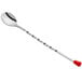 An American Metalcraft stainless steel bar spoon with a twisted handle and a red knob.