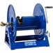 A blue Coxreels hose reel with a metal handle.
