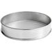 A round silver stainless steel sieve.