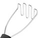 An OXO stainless steel potato masher with a black handle.