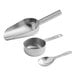 A set of three measuring spoons and a metal scoop with a spoon.