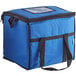 A blue insulated nylon cooler bag with black straps and a black zipper.
