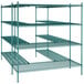 A green metal shelving unit with four shelves.