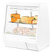 A stainless steel shelf with light in a white refrigerated display case filled with cheese.