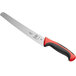 A Mercer Culinary Millennia Colors bread knife with a black handle and red accents.