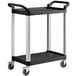 A black and silver Choice utility cart with two shelves and wheels.