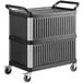 A black utility cart with three shelves and black side panels.