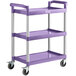 A purple Choice utility cart with three shelves and wheels.