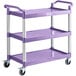 A purple Choice utility cart with three shelves and wheels.
