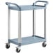 A gray Choice utility cart with two shelves, wheels, and handles.