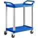 A blue Choice utility cart with two shelves and wheels.