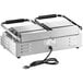 A silver Vollrath double panini press machine with black handles.