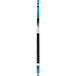 A blue and black Mizerak pool cue with a white tip.