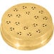 A gold circular metal plate with holes in it.