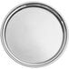 A round silver stainless steel tray with a textured surface.