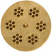 A circular brass disc with holes in it.