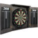 A DMI Sports Paris lighted bristle dartboard in a wooden cabinet with darts inside.