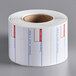 A roll of AvaWeigh white pre-printed food labels with blue and red writing.