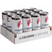 A case of 12 white La Colombe Mocha Latte cans on a table.