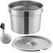 A silver Vollrath stainless steel inset pot with a lid and a Jacob's Pride ladle.