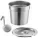 A silver Vollrath stainless steel inset pot with a lid and a metal ladle.