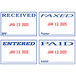 A group of Cosco 4-in-1 self-inking dater stamps in red and blue on tax forms.