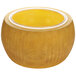 A yellow bowl with a clear lid containing a replica of Parmesan cheese with yellow wax on top.