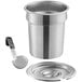 A silver stainless steel Vollrath inset with cover and ladle inside.