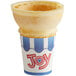 A Joy flat bottom jacketed ice cream cone in a blue and white wrapper.